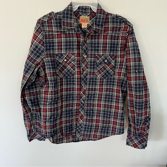 Vintage Red Snap Button Down Shirt Men’s Size Large Plaid Blue & Red - Picture 1 of 7